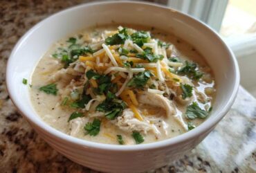 Close-up of a bowl of creamy white chicken chili topped with shredded cheese and fresh cilantro.