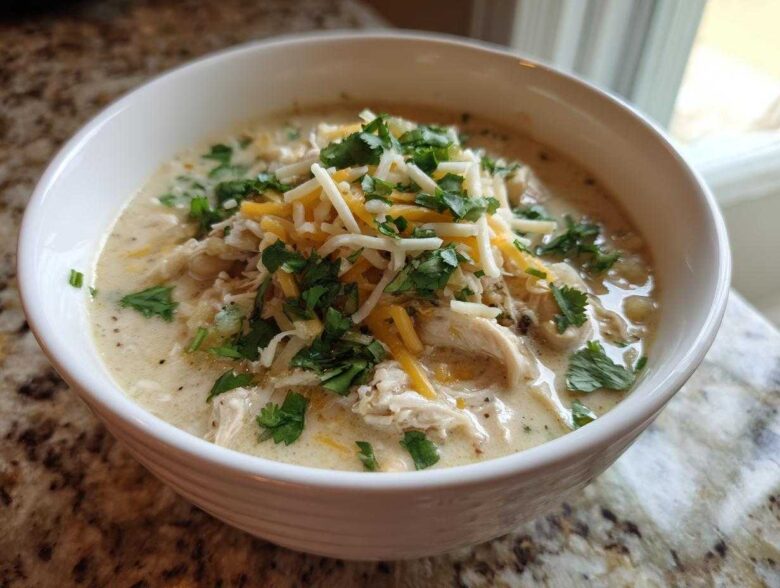 Close-up of a bowl of creamy white chicken chili topped with shredded cheese and fresh cilantro.