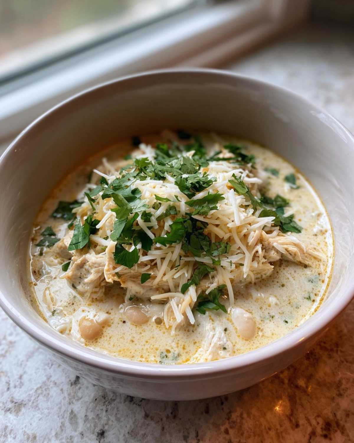 A close-up of a bowl of creamy white chicken chili, topped generously with shredded cheese and fresh cilantro.