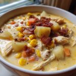 Close-up of a hearty bowl of creamy chicken corn chowder topped with bacon.