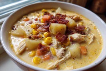 Close-up of a hearty bowl of creamy chicken corn chowder topped with bacon.