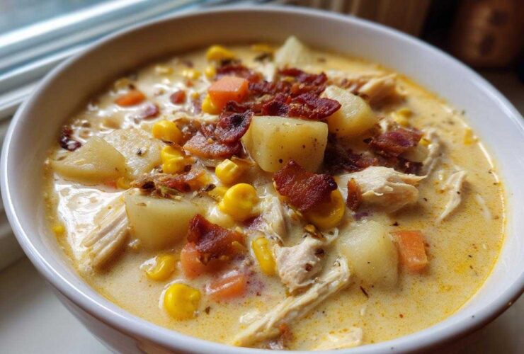 Close-up of a hearty bowl of creamy chicken corn chowder topped with bacon.