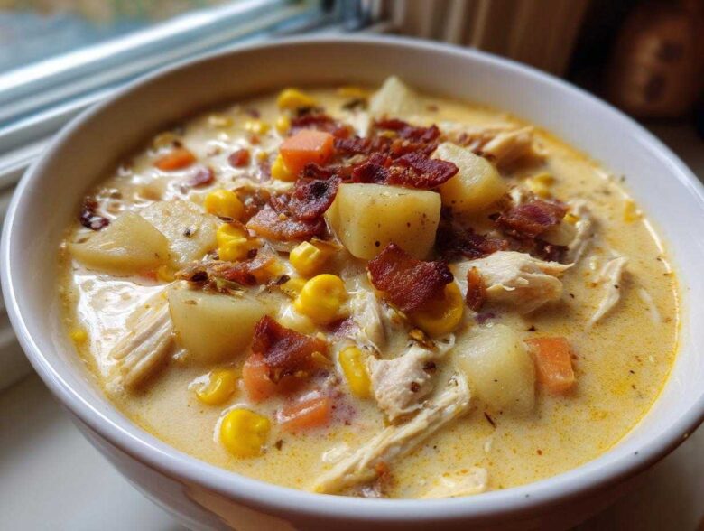 Close-up of a hearty bowl of creamy chicken corn chowder topped with bacon.