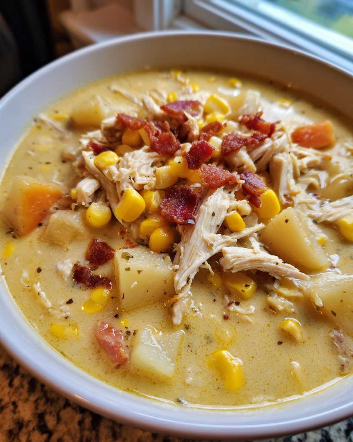 Close-up of a bowl of creamy chicken corn chowder, loaded with potatoes, corn, shredded chicken, and bacon bits.