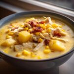 Close-up of a hearty bowl of creamy chicken corn chowder, featuring shredded chicken, corn, potatoes, and bacon bits.