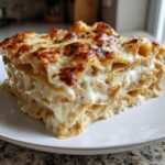 A generous slice of creamy chicken lasagna featuring layers of pasta, white sauce, and shredded chicken, topped with bubbly, browned cheese.