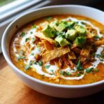 A close-up of creamy chicken tortilla soup topped with tortilla strips, avocado, and cilantro.