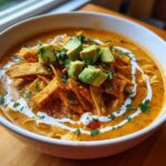 A close-up of creamy chicken tortilla soup topped with crispy tortilla strips, diced avocado, and a swirl of cream.