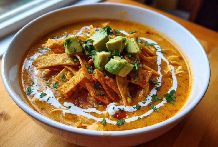 A close-up of creamy chicken tortilla soup topped with crispy tortilla strips, diced avocado, and a swirl of cream.