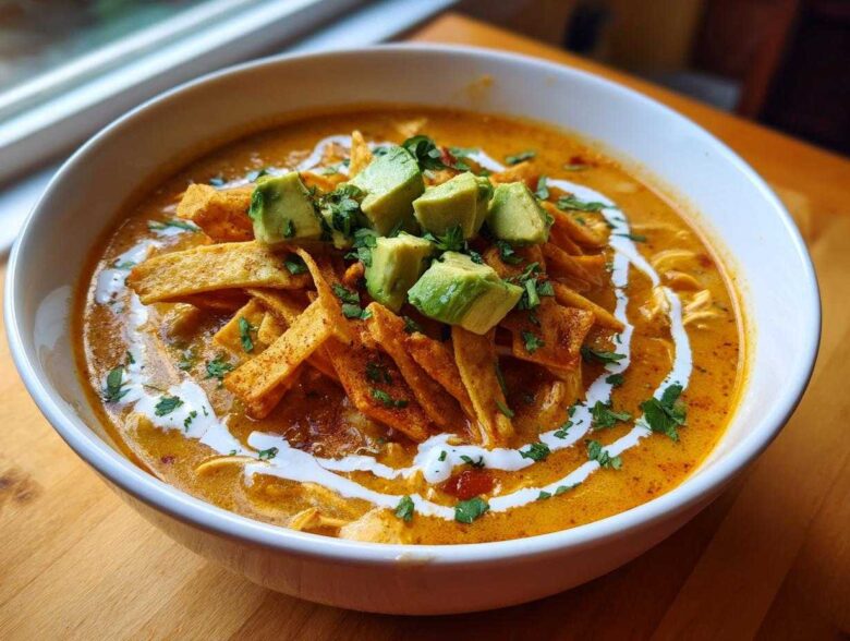 A close-up of creamy chicken tortilla soup topped with crispy tortilla strips, diced avocado, and a swirl of cream.