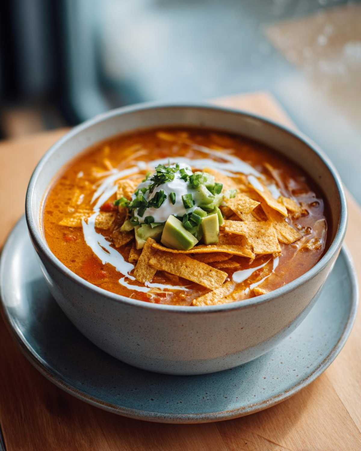 A close-up of a bowl of rich, creamy chicken tortilla soup topped with tortilla strips, avocado, sour cream, and chives.