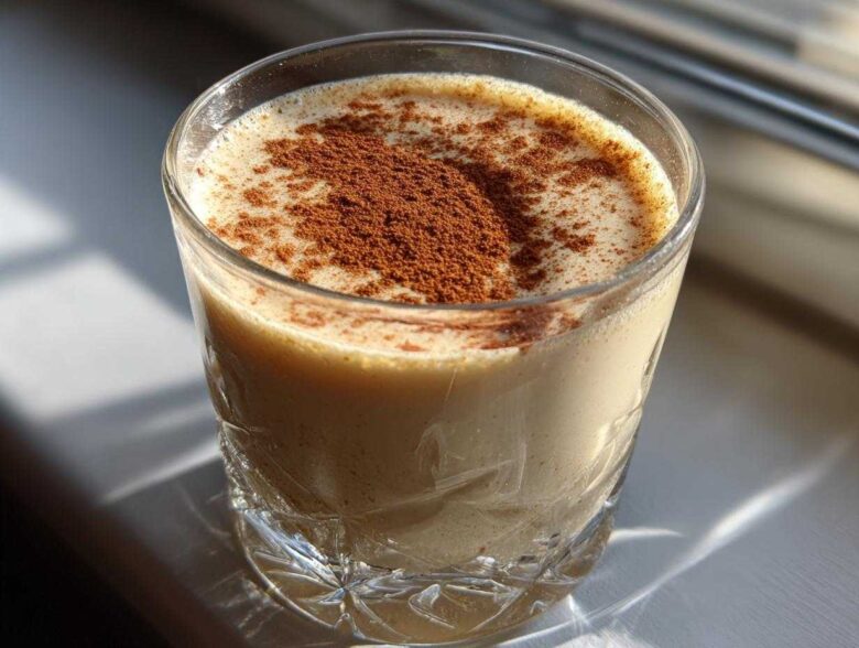 A glass of creamy coquito topped generously with ground cinnamon, sitting in bright sunlight.