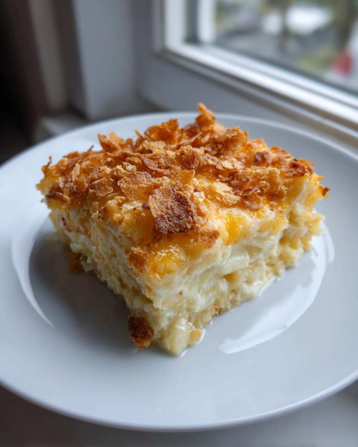 A square serving of creamy funeral potatoes recipe topped with golden, crunchy cornflakes, served on a white plate.