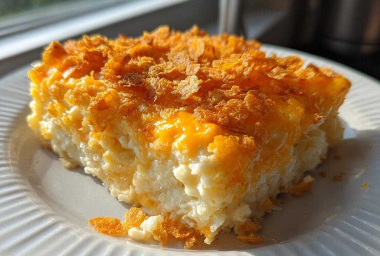 A close-up slice of creamy funeral potatoes recipe topped with melted cheddar cheese and crispy cornflakes.