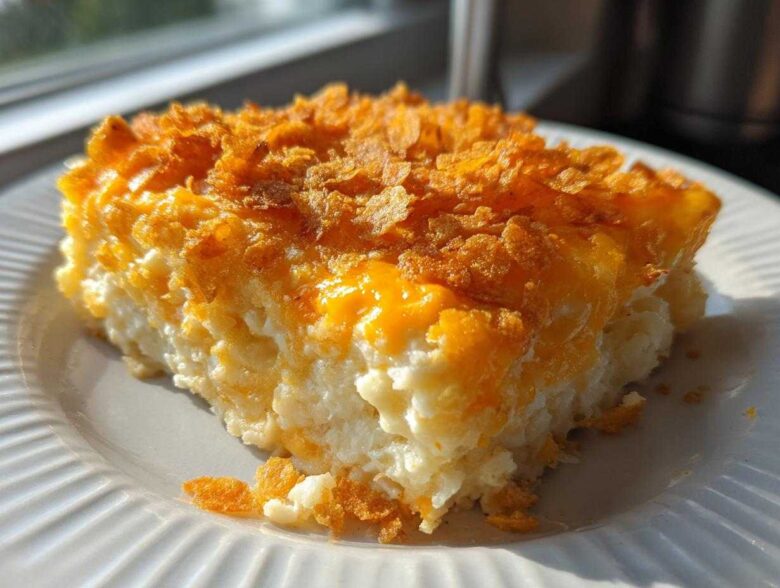 A close-up slice of creamy funeral potatoes recipe topped with melted cheddar cheese and crispy cornflakes.