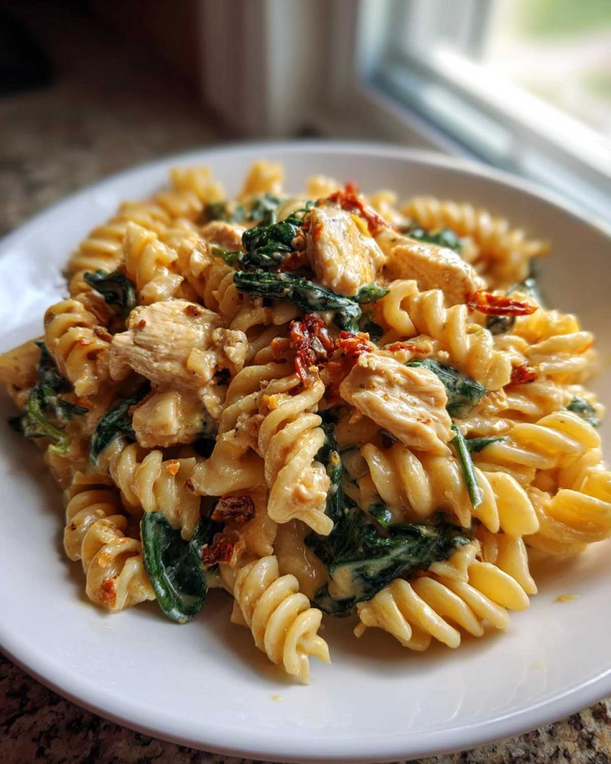 A close-up of a white bowl filled with creamy marry me chicken pasta featuring fusilli, chicken pieces, spinach, and sun-dried tomatoes.
