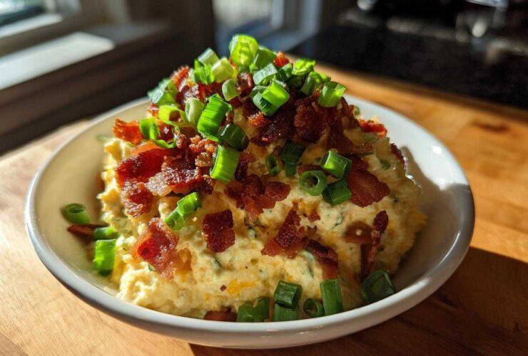 A bowl of creamy Million Dollar Dip generously topped with crumbled bacon and fresh green onions.