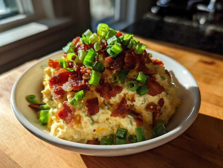 A bowl of creamy Million Dollar Dip generously topped with crumbled bacon and fresh green onions.