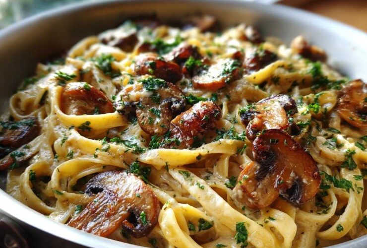 Close-up of rich, creamy mushroom pasta featuring fettuccine noodles, sautéed mushrooms, and fresh parsley.