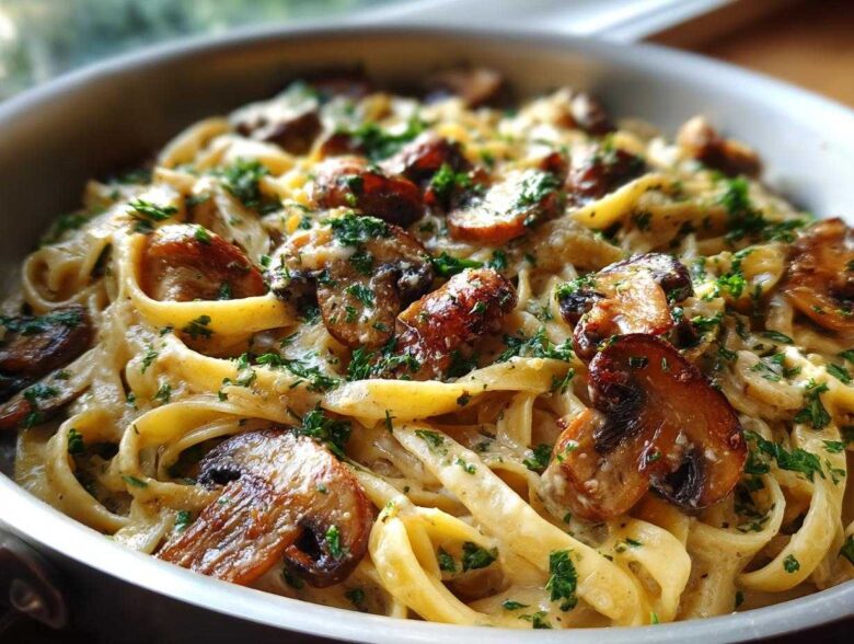 Close-up of rich, creamy mushroom pasta featuring fettuccine noodles, sautéed mushrooms, and fresh parsley.