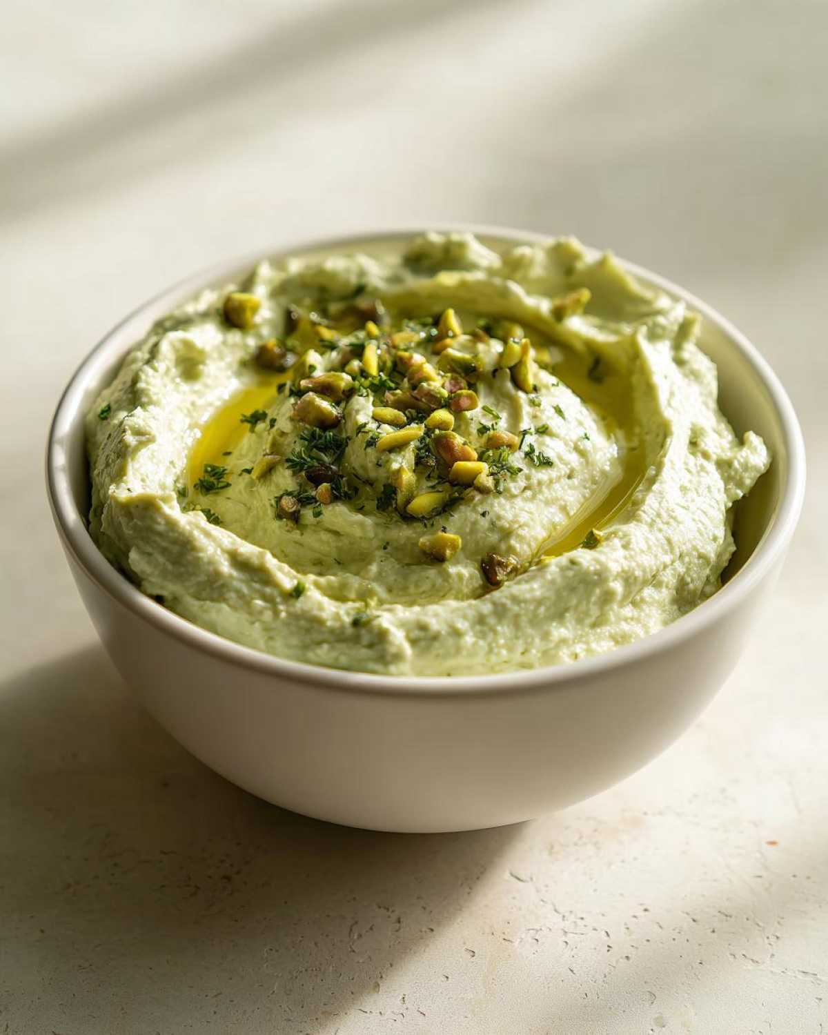 A creamy, light green olive dip served in a white bowl, drizzled with olive oil and topped with chopped pistachios and herbs.