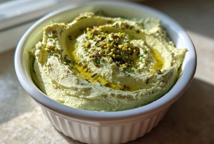 Close-up of a smooth, pale green olive dip topped with chopped pistachios and a drizzle of olive oil.