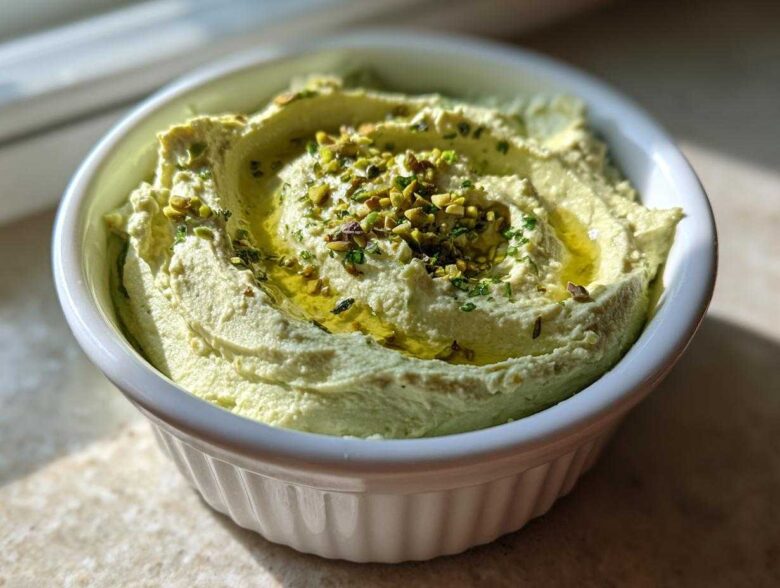 Close-up of a smooth, pale green olive dip topped with chopped pistachios and a drizzle of olive oil.