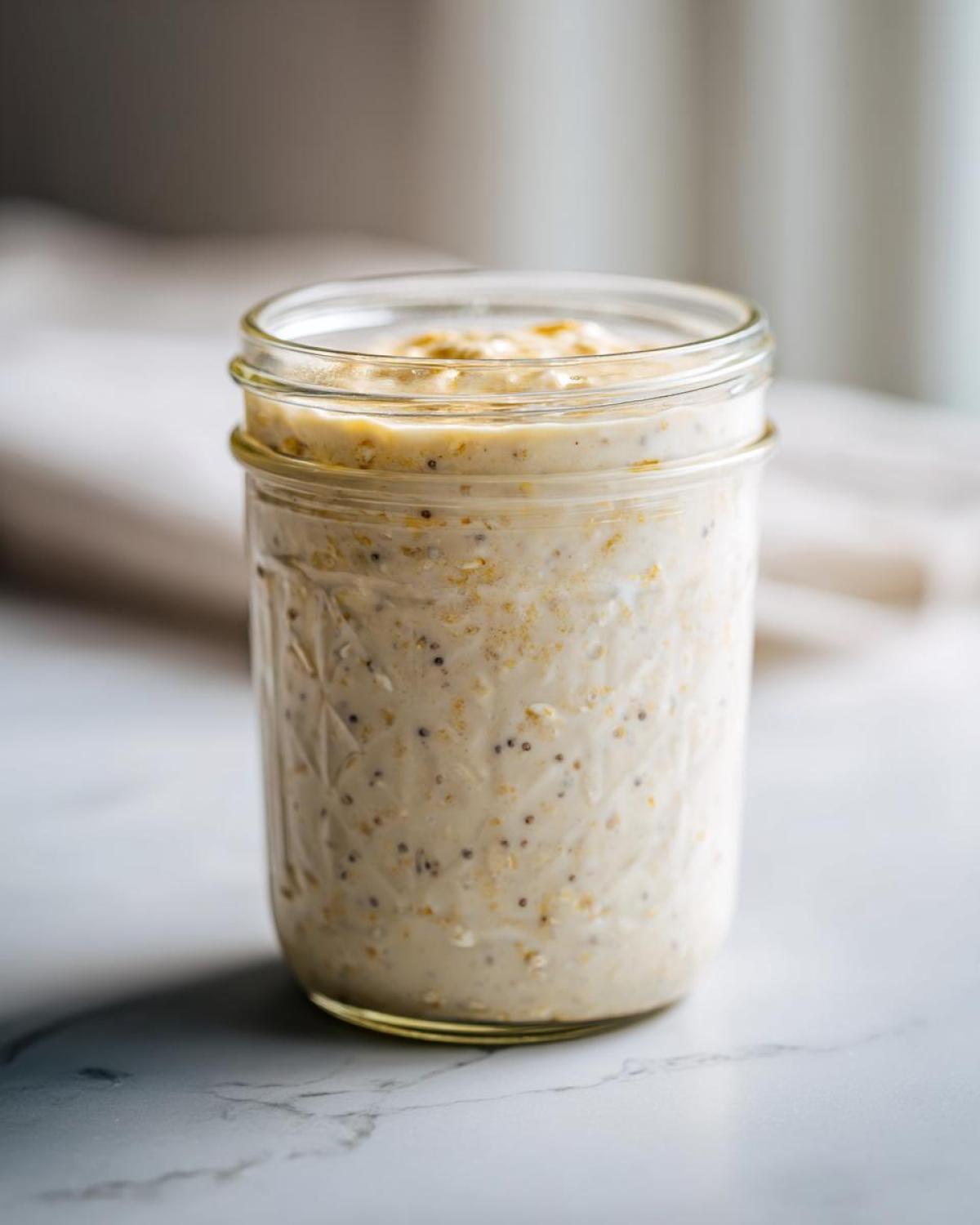 Close-up of creamy overnight oats mixed with chia seeds in a clear glass mason jar.