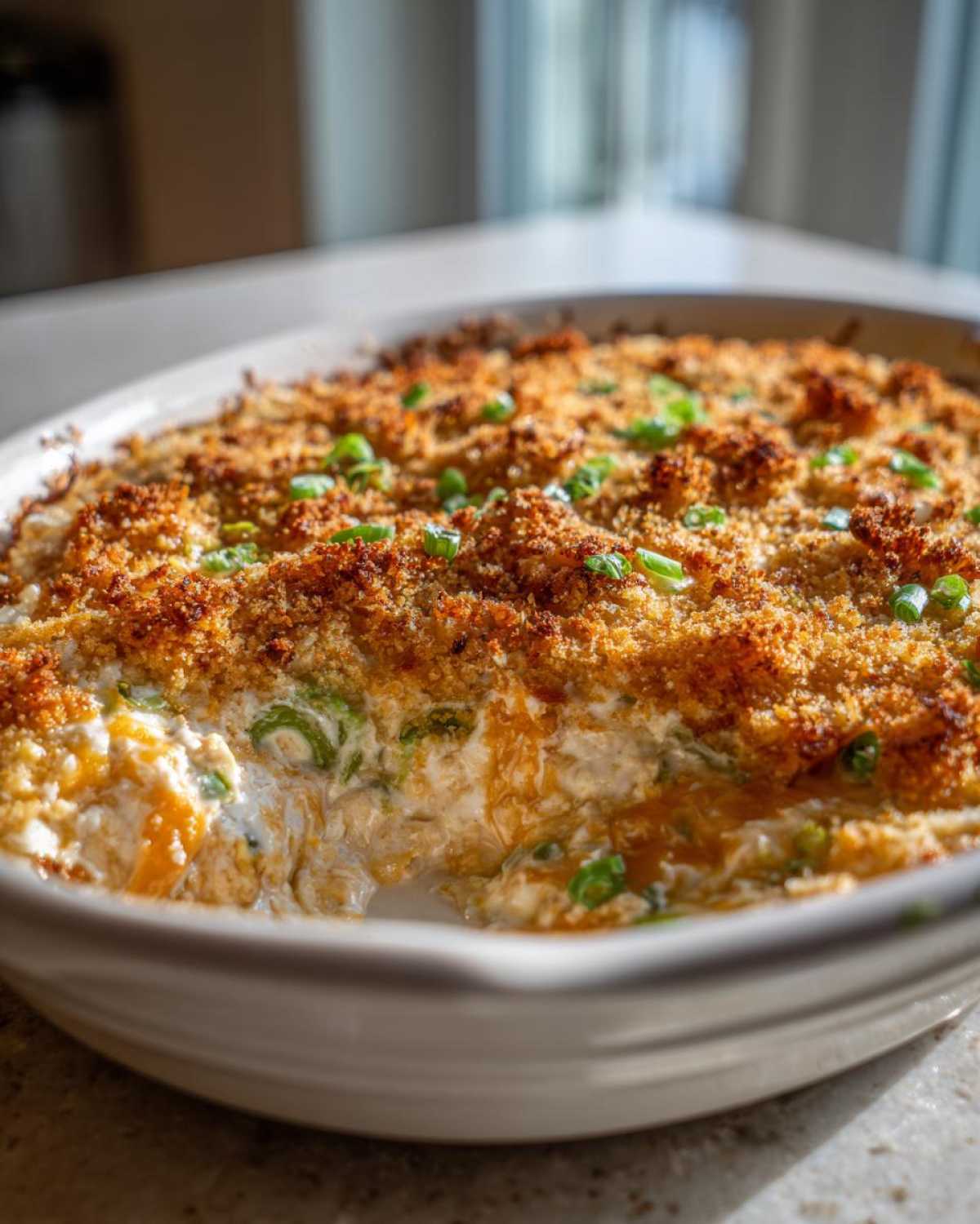 Close-up of a creamy, baked popper dip with a golden brown, crunchy topping and green onions.