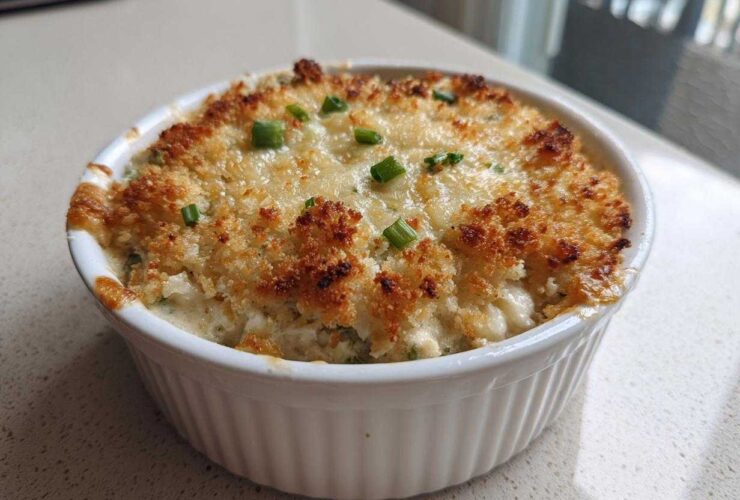 Close-up of a creamy popper dip baked in a white ramekin, featuring a golden, crunchy breadcrumb topping and green onion garnish.