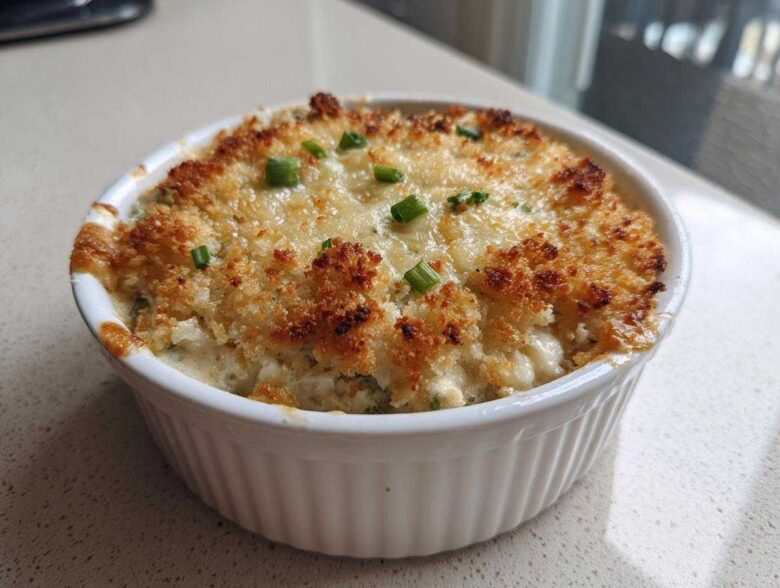 Close-up of a creamy popper dip baked in a white ramekin, featuring a golden, crunchy breadcrumb topping and green onion garnish.