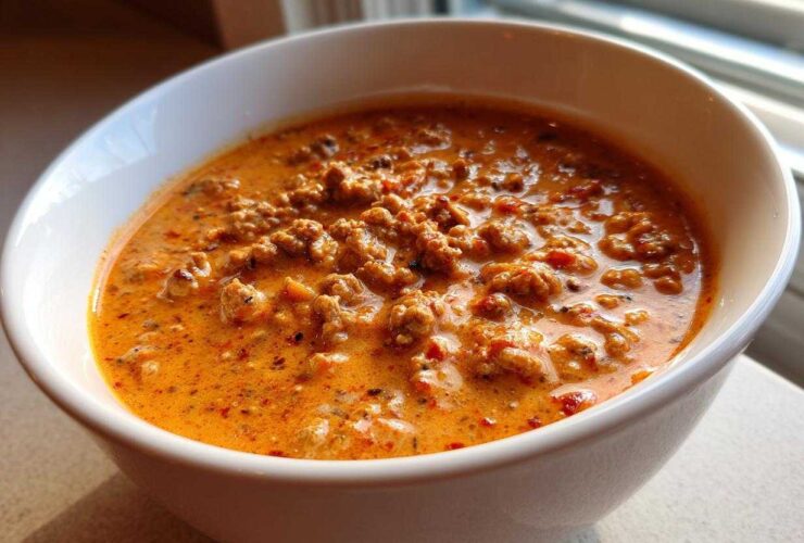 Close-up of a creamy, orange-hued pumpkin chili filled with ground meat, served in a white bowl.