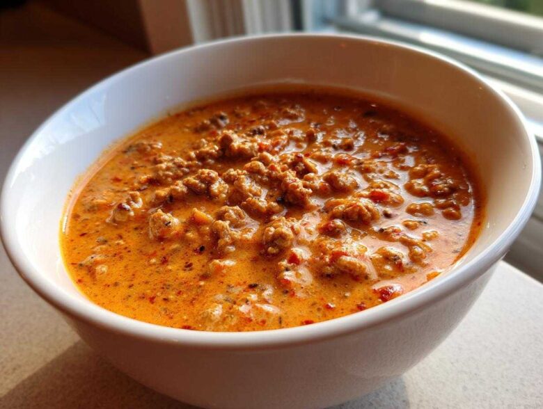 Close-up of a creamy, orange-hued pumpkin chili filled with ground meat, served in a white bowl.