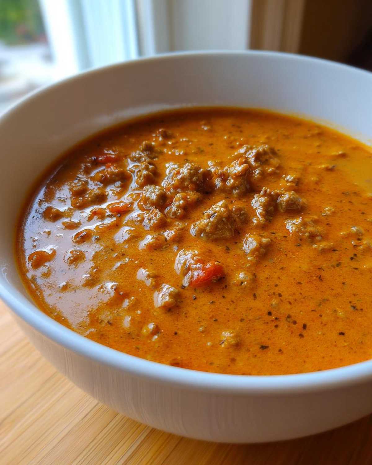 Close-up of a creamy, orange bowl of rich pumpkin chili with ground meat.