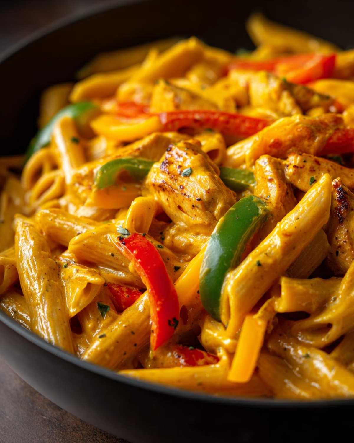 A close-up shot of creamy, orange-hued Rasta Pasta mixed with grilled chicken pieces and slices of red, green, and yellow bell peppers.