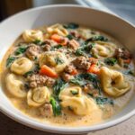 A close-up of a white bowl filled with rich, creamy sausage tortellini soup, featuring sausage crumbles, spinach, and carrots.