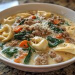 Close-up of a white bowl filled with creamy sausage tortellini soup, featuring tortellini, ground sausage, spinach, and carrots.