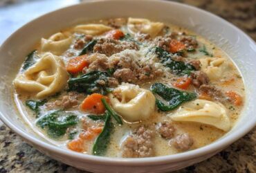 Close-up of a white bowl filled with creamy sausage tortellini soup, featuring tortellini, ground sausage, spinach, and carrots.
