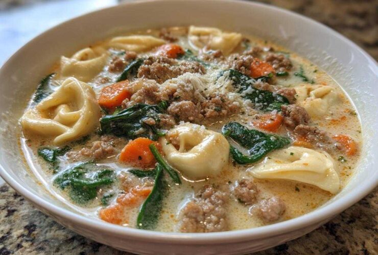 Close-up of a white bowl filled with creamy sausage tortellini soup, featuring tortellini, ground sausage, spinach, and carrots.