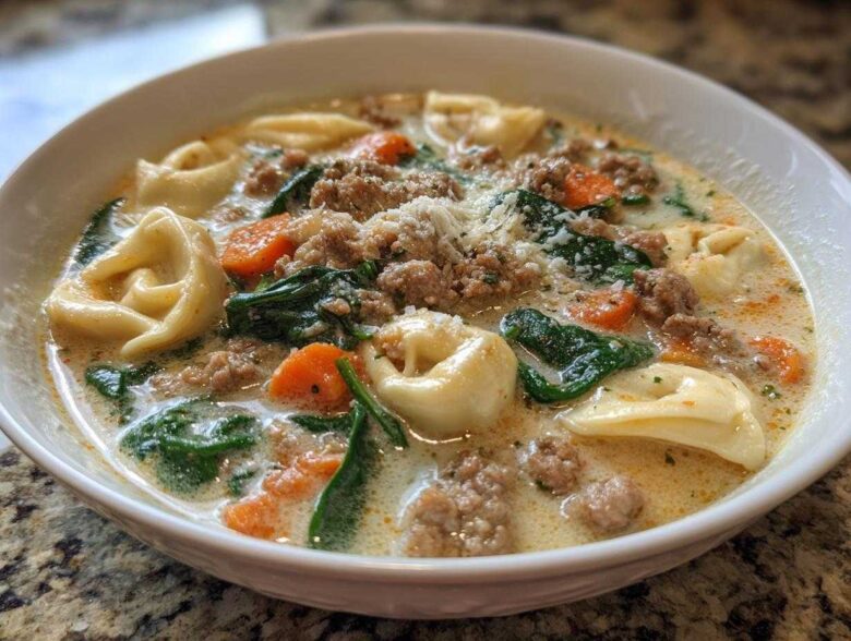 Close-up of a white bowl filled with creamy sausage tortellini soup, featuring tortellini, ground sausage, spinach, and carrots.