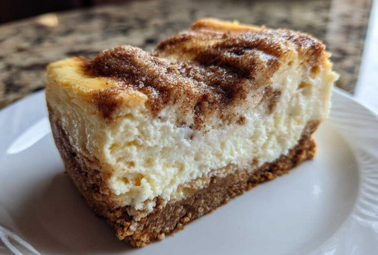 A thick slice of creamy snickerdoodle cheesecake featuring a graham cracker crust and a cinnamon sugar topping.
