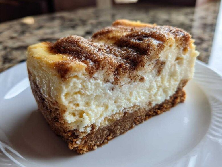 A thick slice of creamy snickerdoodle cheesecake featuring a graham cracker crust and a cinnamon sugar topping.