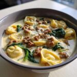 A close-up of a bowl of creamy tortellini soup topped with browned sausage crumbles, wilted spinach, and grated Parmesan cheese.