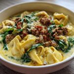 Close-up of a bowl of creamy tortellini soup topped with browned sausage and wilted spinach.