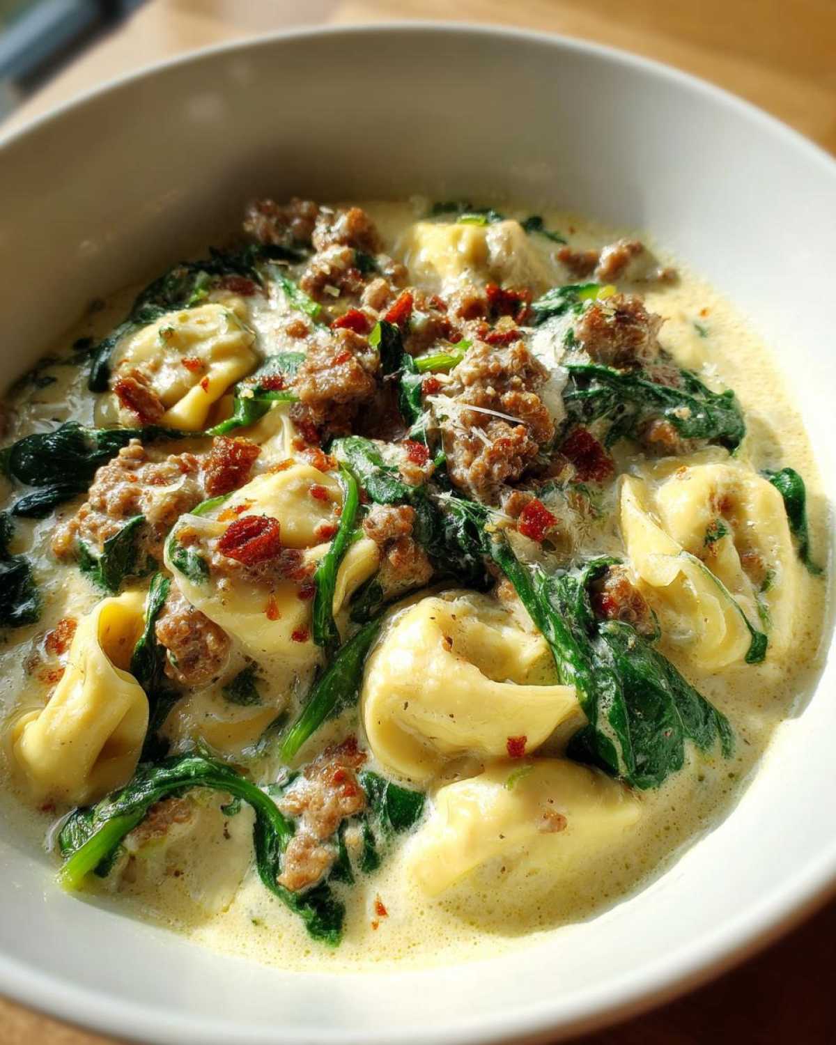 A close-up bowl of creamy tortellini soup featuring pasta, crumbled sausage, wilted spinach, and sun-dried tomatoes.