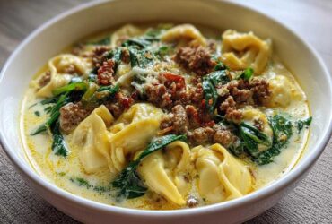 Close-up of a bowl of creamy tortellini soup topped with browned sausage and wilted spinach.