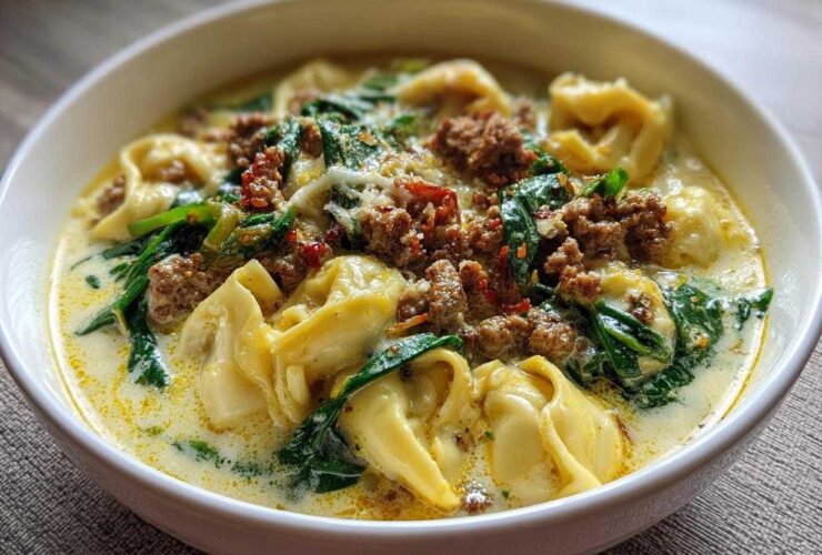 Close-up of a bowl of creamy tortellini soup topped with browned sausage and wilted spinach.
