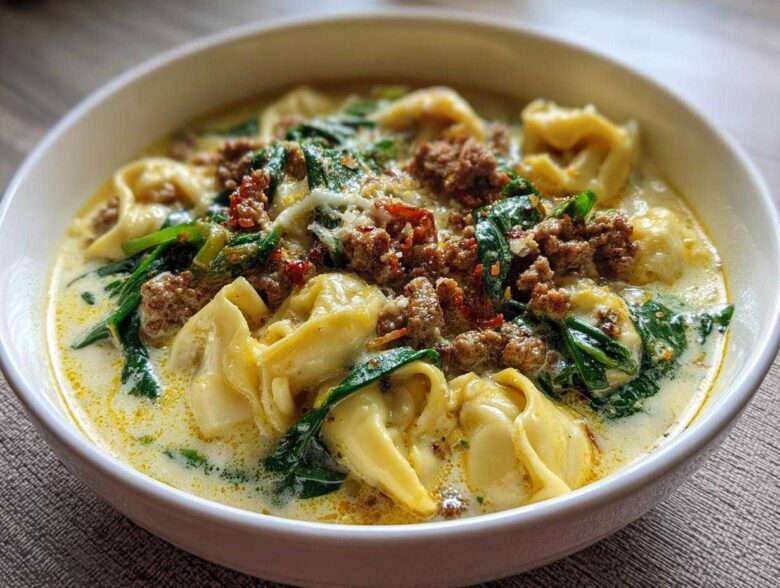 Close-up of a bowl of creamy tortellini soup topped with browned sausage and wilted spinach.