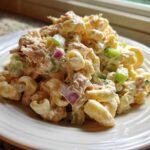 A generous serving of creamy Tuna pasta salad featuring elbow macaroni, tuna chunks, green celery, and red onion on a white plate.