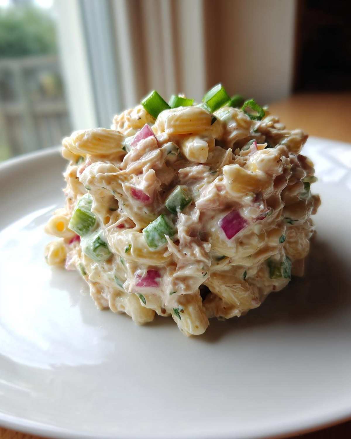 A mound of creamy Tuna pasta salad featuring elbow macaroni, red onion, and green celery, topped with chives.